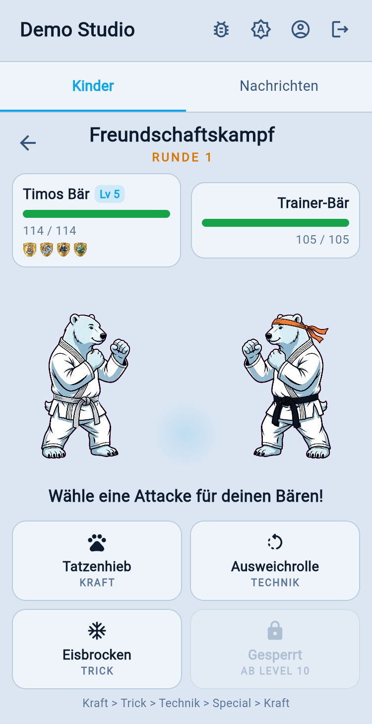 Bärenkampf gegen den Trainer-Bären in der MatBuddy Mitglieder-App