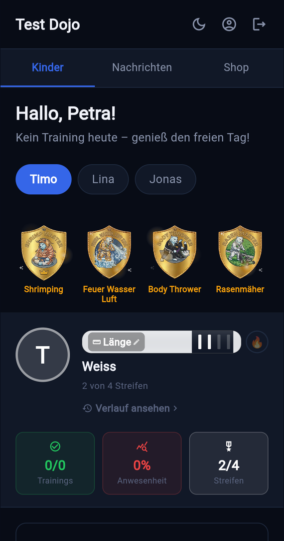 Abzeichen und Gürtelfortschritt eines Kindes in der MatBuddy Mitglieder-App