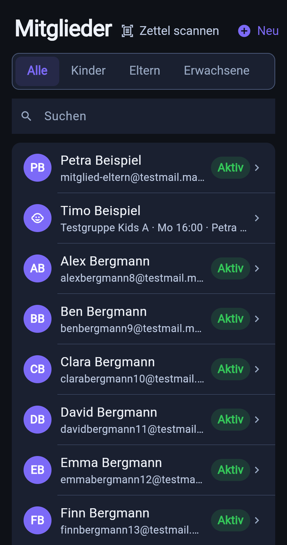 Mitgliederliste im MatBuddy Studio-Admin