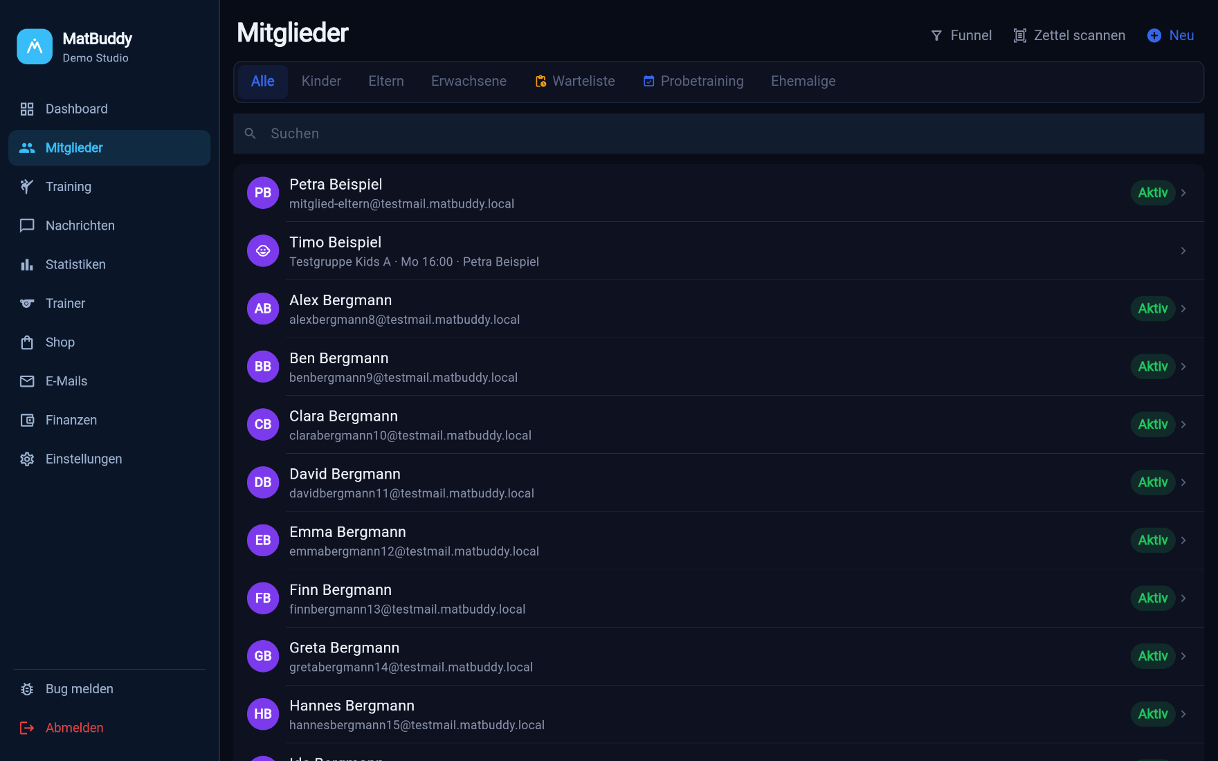 MatBuddy Mitgliederliste mit Filtern nach Kinder, Eltern, Erwachsene, Warteliste und Probetraining